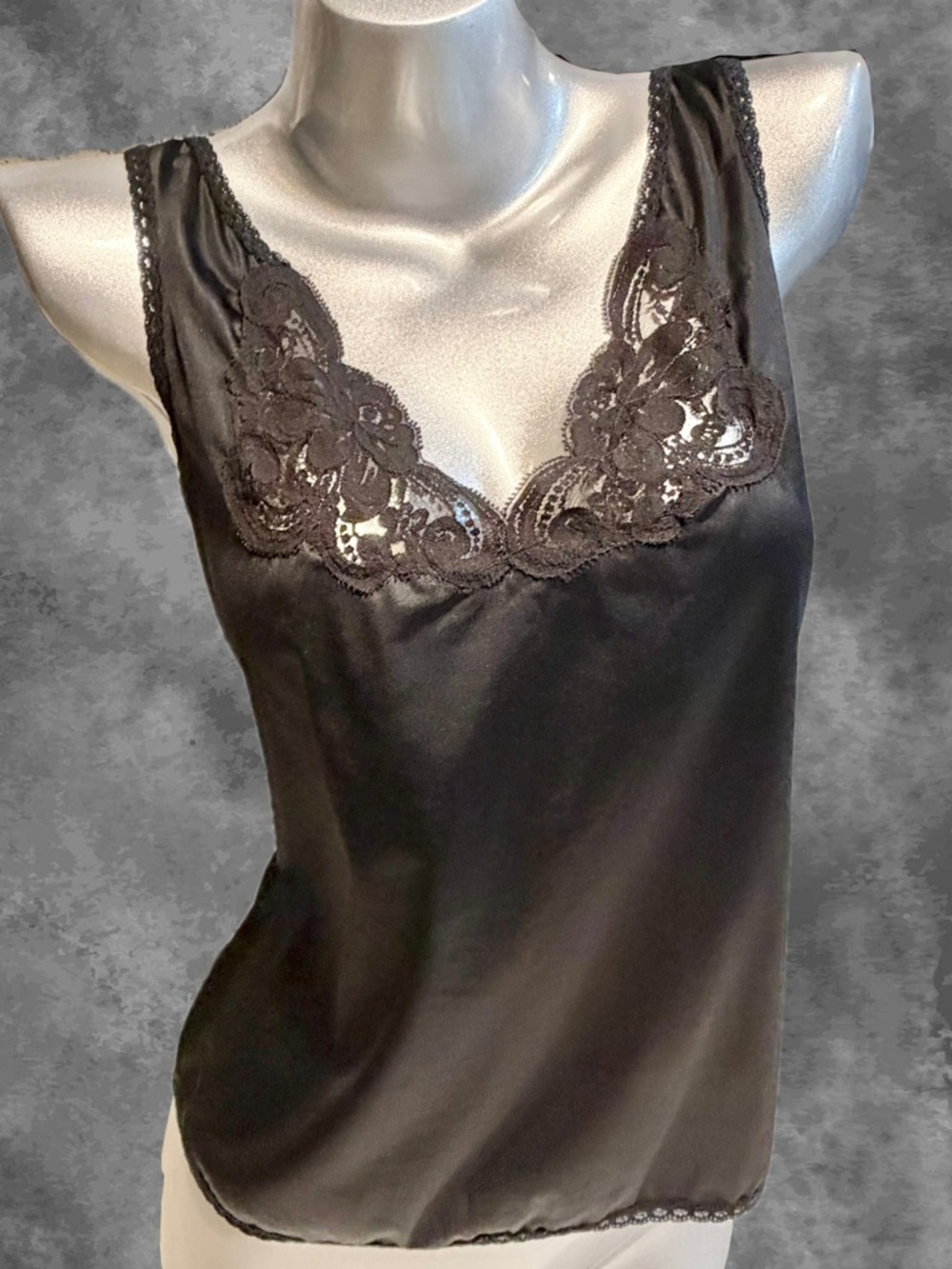 VINTAGE lace cami camisole tank top lingerie slip layer silky black boudoir‎ 80s